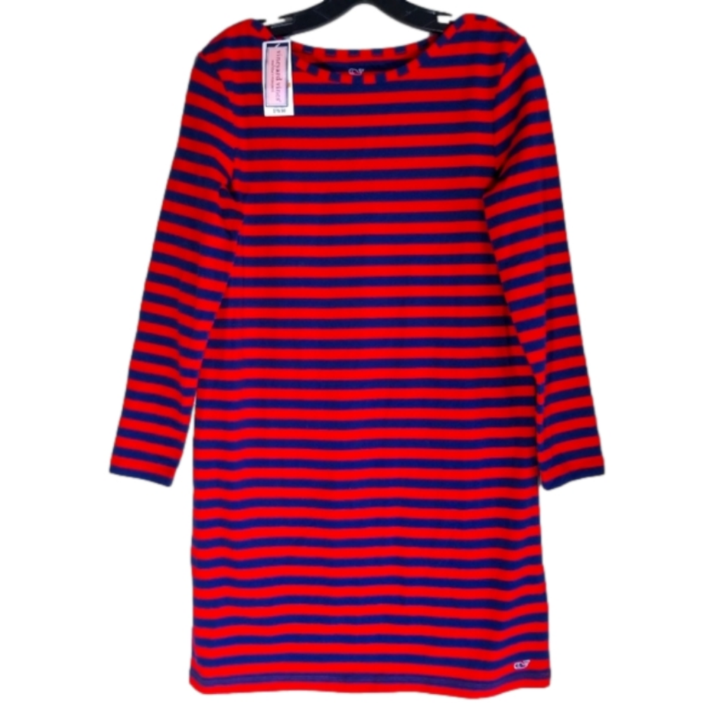 NWT Vineyard Vines Red Navy Stripe Mini Dress Long Sleeve Boatneck Size Small